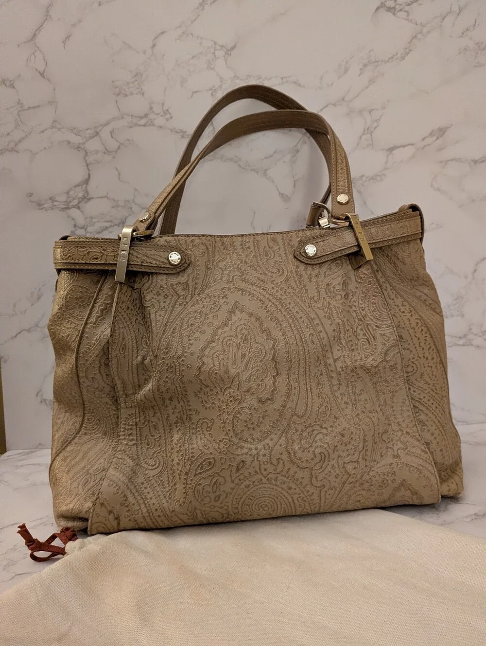 Etro Taupe Paisley-Embossed Leather Shoulder Bag With Dust Bag